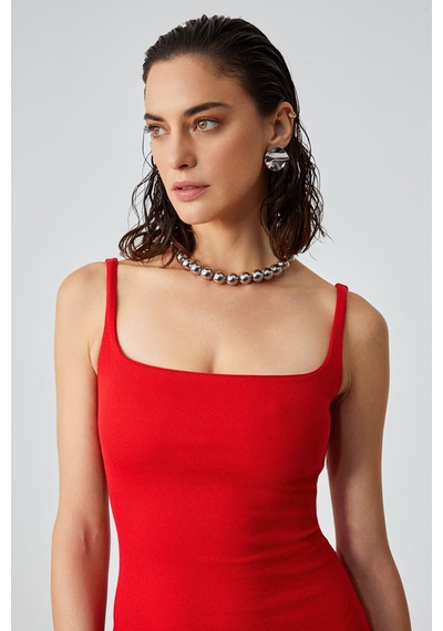 Grımelange RINIA Kadın Slim Fit Geniş Yaka Askılı Kırmızı Elbise