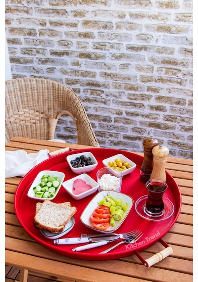 Kitchen Trend 51 CM Ahşap Kulplu Metal Yuvarlak Kırmızı Tepsi .
