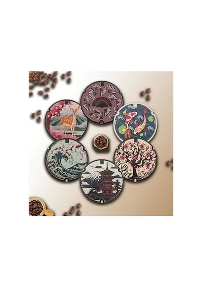 Japon Sanatı Temalı 6 Lı Bardak Altlığı Mdf 10 Cm Brd-041 124-Pembe