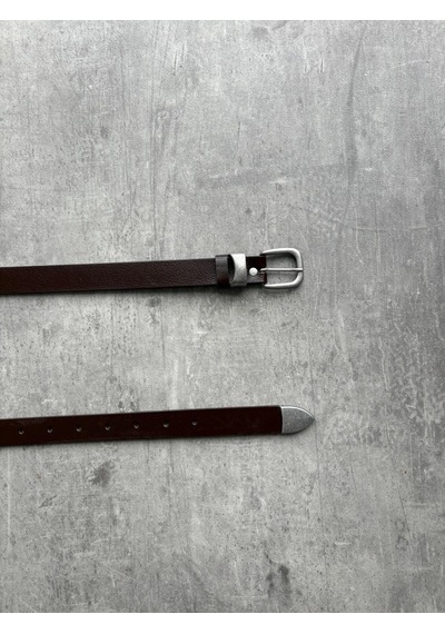 Erkek Vintage Ucu Metal Detaylı Deri Kemer Kahverengi