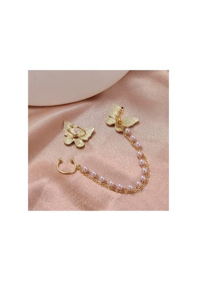 Lunarie Altın Zirkon Taşlı Kelebek İnci Zincir Ear Cuff Küpe
