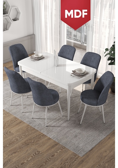 Canisa Concept Kor Serisi MDF 70x114 Açılabilir Mutfak Masası Takımı Beyaz Masa 6 Füme Sandalye