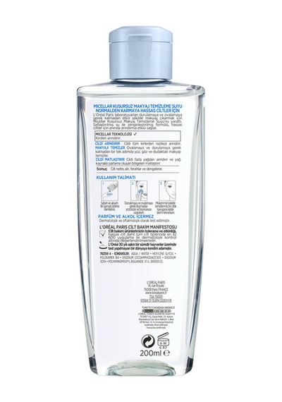 L'Oreal Paris Micellar Normalden Karmaya Hassas Ciltler için Kusursuz Makyaj Temizleme Suyu 200 ML