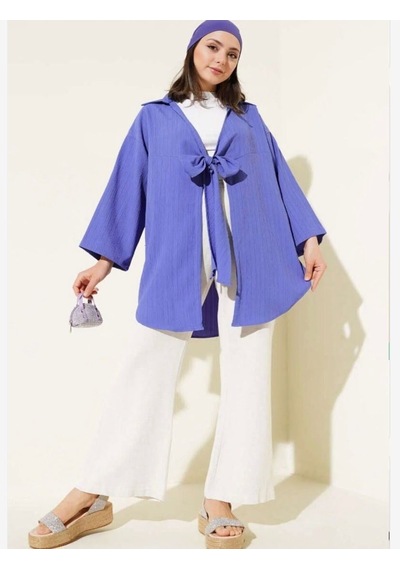 Lovie Moda Kadın Ön Bağcıklı Kimono Mavi