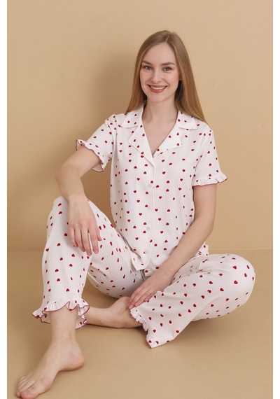 Wordex Mirano 3852 Kalp Desenli Bürümcük Gömlek Yaka Düğmeli Kısa Kollu Kadın Pijama Takımı Beyaz Wordex Mirano 3852 Kalp Desenli Bürümcük Gömlek Yaka Düğmeli Kısa Kollu Kadın Pijama Takımı Beyaz