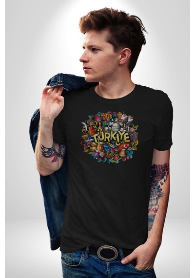 Turkiye Özel Karakterleri Unisex Unisex Siyah Organik Baskılı T-shirt Penye Yüksek Kalite Siyah