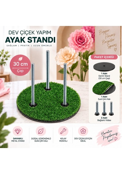 3lü Dev Metal Çiçek Standı - 30 Cm, Dekoratif Eva - Krapon Kağıt Çiçek Sunum Ayağı 3 Vidalı