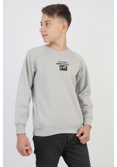 Kanguru Cepli Baskılı Detaylı Erkek Çocuk Sweatshirt-90881 Gri