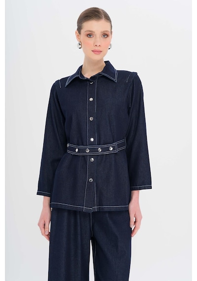 Olcay Kemeri Çıt Çıt Detaylı Ceket Pantolon Denim Takım Lacivert 9344-tk