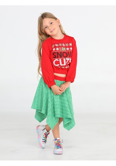 Casabony Snow Cute Kız Çocuk Etek + Sweatshirt Takım-kırmızı Kırmızı