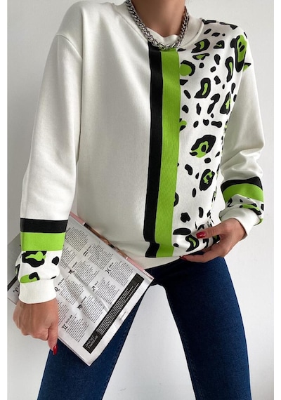 Femelle Kadın Leopar Desen Pamuk Sweatshirt Beyaz