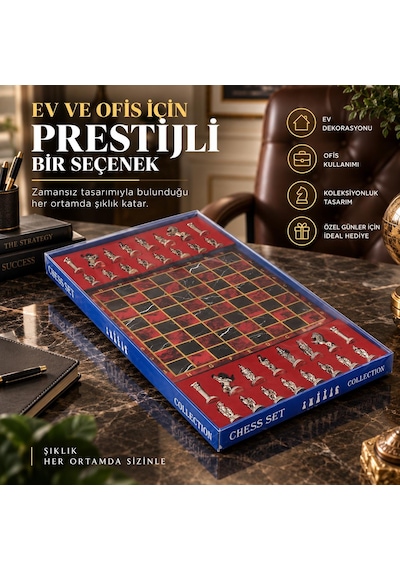Lüks Metal Satranç Takımı Osmanlı Bizans Figürlü Krom Kırmızı Mermer Desenli 20 X 20 Premium Hediye