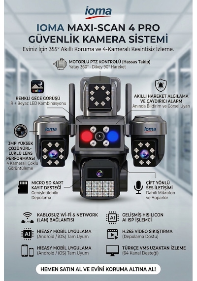4 Kameralı Wifi - Maxı Scan Pro - Çakarlı - 64 Kanal Vms Kablosuz Kamera