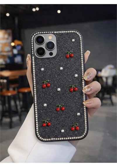 Apple Uyumlu iPhone 13 Pro Kiraz Figürlü Simli İnci Taşlı Lüx Silikon Kılıf Siyah