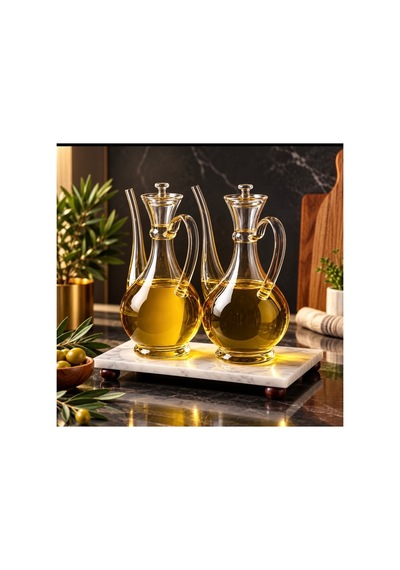 Mermer Standlı Borosilikat Cam 750 Ml Yağdanlık Set 3 Lü Yağlık Set Ayçiçek Yağı Zeytinyağı Şişesi Bej Bej