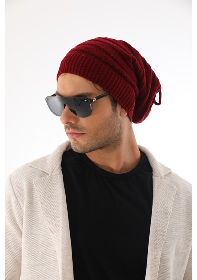 Ritagarcia Unisex Arkası İpli Büzgülü Triko Bere Kışlık Dökümlü Slouchy Beanie Bere Bordo