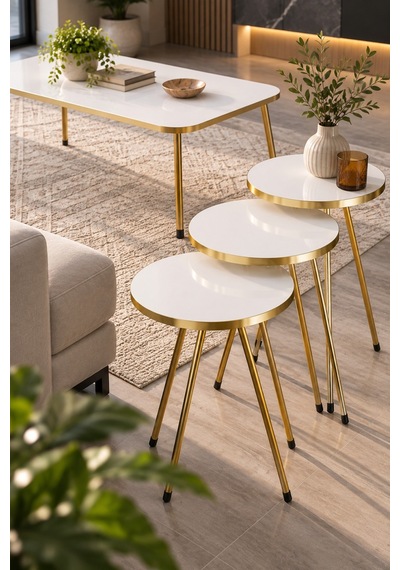 Sulorahome Gold Metal Ayaklı Beyaz 4'lü Sehpa Seti Beyaz - Altın