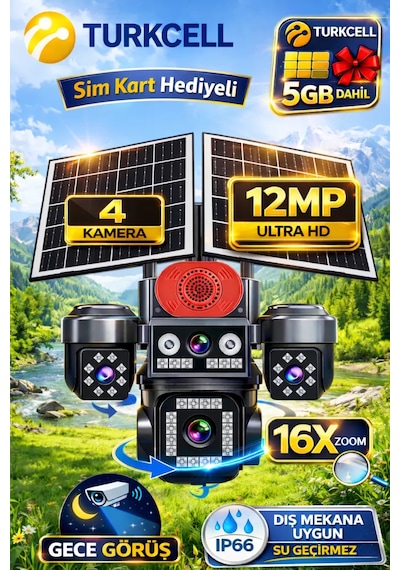 Onqam On-sg4474 12mp 4 Lens 4g Çift Solar Panel Hieasy Aov Sürekli Kayıt Gece Görüş Çift Yönlü Ses Turkcell Sim Kart
