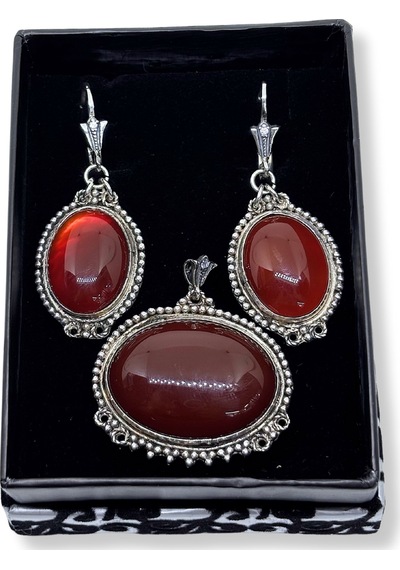 Oya Silver Retro Büyük Akik Işıltılı Gümüş Set&takım