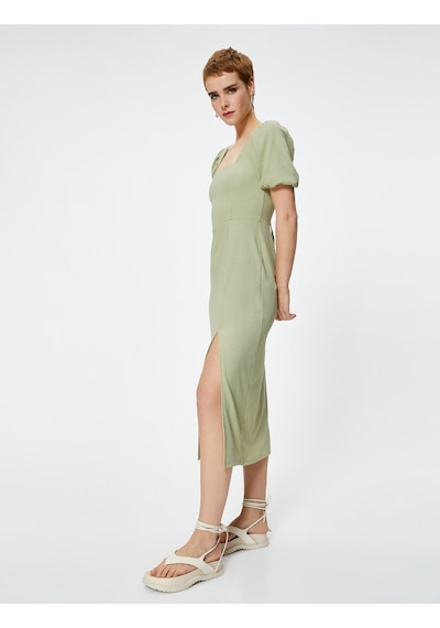 Koton Balon Kol Elbise Midi Yırtmaç Detaylı Kısa Kollu Slim Fit Yeşil 4sal80002ık Yeşil