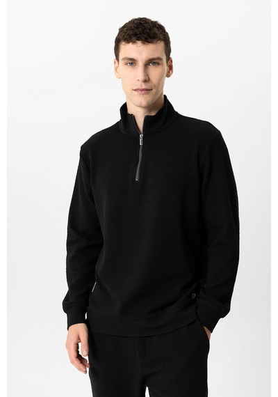 Backandbond Siyah Regular Fit Dik Yaka Yarım Fermuarlı Sweatshirt