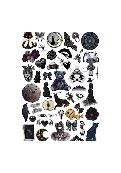 45 Adet Gotik Fairygrunge Downtown Sticker Seti - Etiket Seti Scrapbook Bullet Journal Siyah