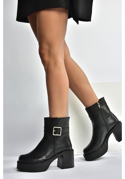 Fox Shoes V726446609 Siyah Kalın Topuklu Kadın Bot Siyah-Suni Deri