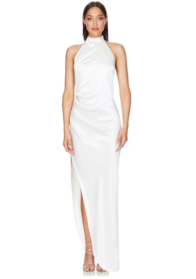 Hanife Glam Couture Hanife Glam Halter Yaka Asetat Saten Elbise Beyaz