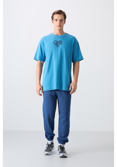 Tommy Life Petrol Mavi Pamuklu Kalın Yumuşak Dokulu Oversize Fit Baskılı Erkek T-shirt - 88333 Petrol Mavi