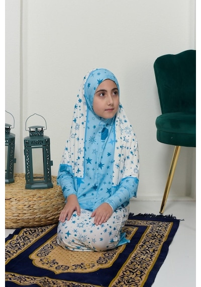Çocuk Namaz Takımı Pratik İki Parça Desenli Kollu Tak Çıkar Başörtülü Likralı Tesettür Elbise 6-12 Yaş 901-0301 Çok Renkli