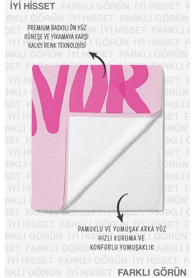 More Amore Pembe Yazı Temalı Plaj Havlusu - Modern Tipografik Kalp Hızlı Kuruyan Mikrofiber Havlu Çok Renkli