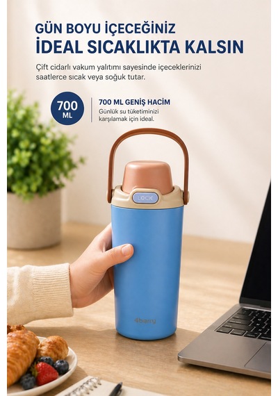 4berry 700 Ml Termos Matara Çift Cidarlı Vakum Yalıtımlı Sıcak Soğuk Tutan Sızdırmaz Kapaklı - Mavi