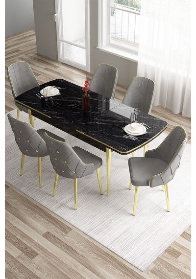 Canisa Tia Serisi 80x132 Açılabilir Siyah Mermer Desen Gold Detay Masa Takımı Ve 6 Gri Sandalye Masa Siyah Mermer Desen Sandalye Gri Canisa Tia Serisi 80x132 Açılabilir Siyah Mermer Desen Gold Detay Masa Takımı Ve 6 Gri Sandalye Masa Siyah Mermer Desen Sandalye Gri