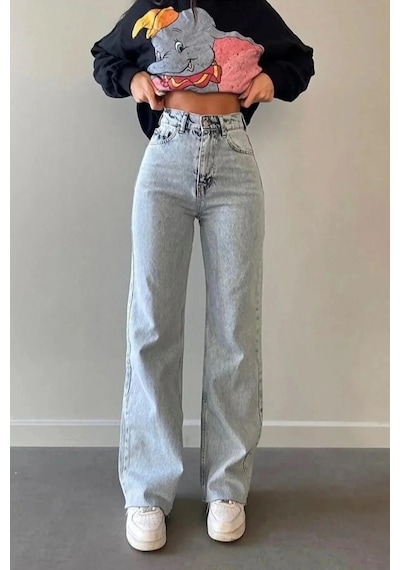 Woddi Mori Kar Palazzo Likralı Bel Mavi Salaş Jean Pantolon New Sezon-3 Taş1