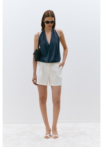 Suud Collection Mavi Nina Dökümlü Halter Top