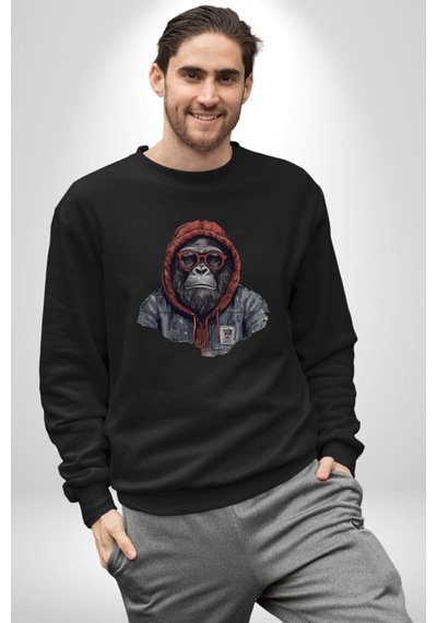 Kırmızı Gözlük Çeket Maymun Unisex Siyah Baskılı Sweatshirt Siyah