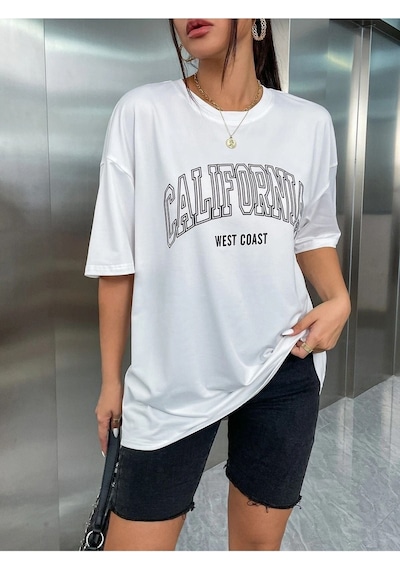 California W.c T-shirt - Beyaz Baskılı Oversize Bisiklet Yaka Kısa Kol Tişört Beyaz