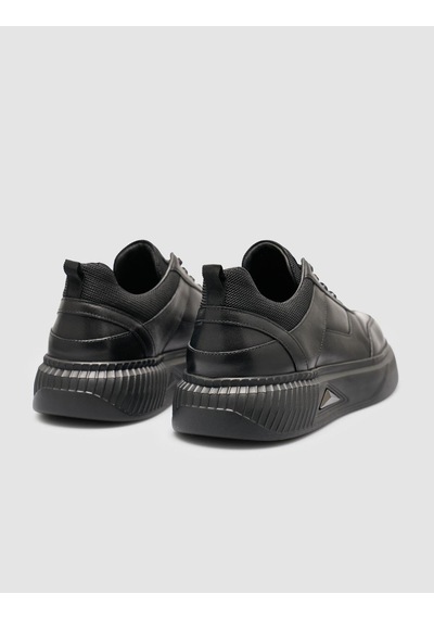 %100 Deri Siyah Taban Armalı Erkek Sneaker Ayakkabı Siyah