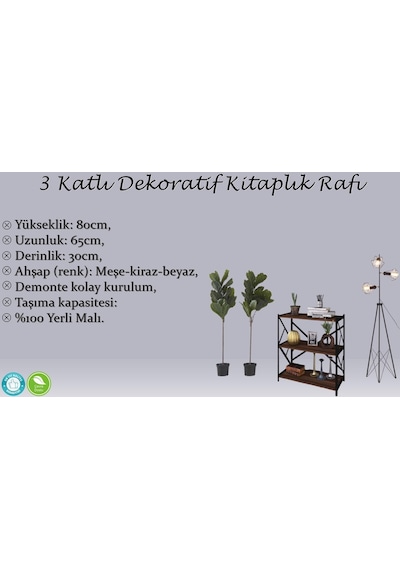 Rafburada Rafburada® 3 Katlı Kitaplık, Dekoratif Kitaplık, Ahşap Kitaplık.