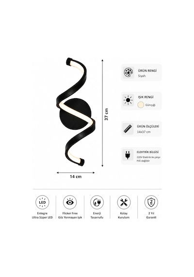 Sora Modern Led Duvar Apliği Günışığı Siyah
