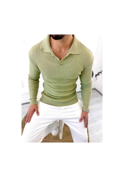 Elku Moda Kazak Slim Fit Polo Yaka Fitilli Yumuşak Dokulu Tüylenmez Sweatshirt Yeşil