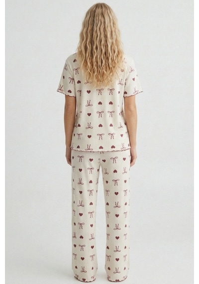 Siyah İnci Yumuşak Tuşe Yazlık Fitilli Pamuklu Örme Pijama Takım 7994 Bordo Fiyonk