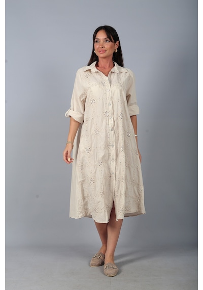By Saygı Kadın İtalyan Cotton Cepli Kabartma Nakışlı Pullu Oversize Uzun Elbise Bej