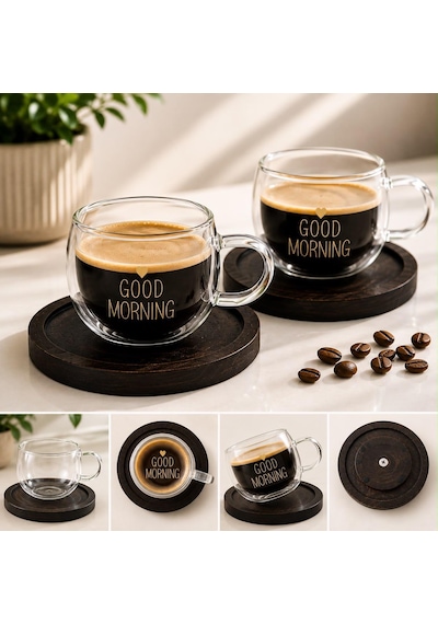 2 Li Good Morning Kahve Fincanı- Kahve Altlığı Şeffaf