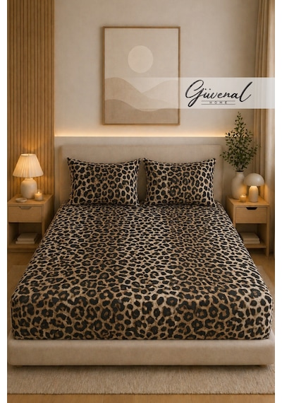 Güvenal Charm %100 Pamuk Desenli Yastık Kılıflı Lastikli Çarşaf Seti Yastık Kılıfı Lastikli Çarşaf Uyku Seti Çeyiz - Leopar Kahverengi