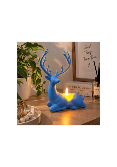 Geyik Biblo Mumluk Led Tealight Mumlu Dekoratif Masa Ve Ev Süsü, 18 Cm - Mavi Açık