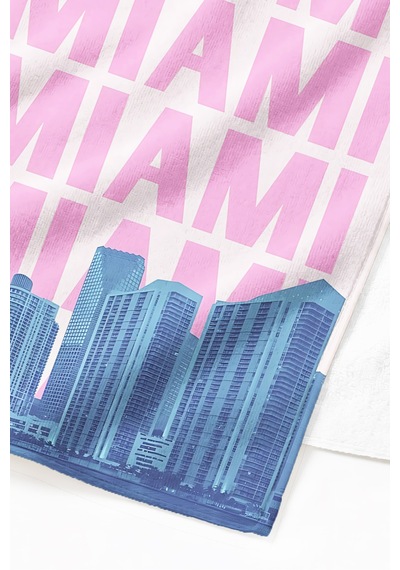 Miami Yazılı Amerika Temalı Plaj Havlusu - Pembe Mavi Skyline Havuz Deniz Banyo Sahil Örtüsü İnci Zeytin