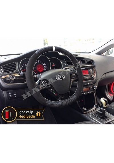 Kia Ceed Sportswagon Dikme Direksiyon Kılıfı Alcantara Süet Mat Karbon Beyaz Yüzük Ve Dikiş 2012-2018 Siyah