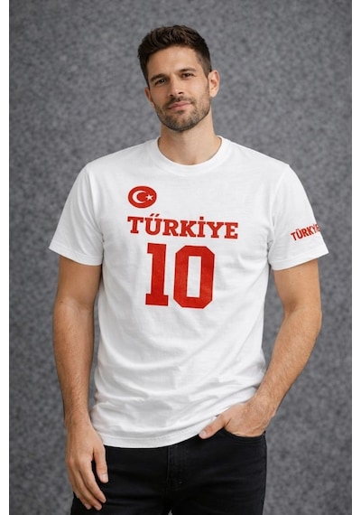 Novalisse Erkek Türkiye Ay Yıldız Baskılı 10 Numara Forma Tişört Taraftar T-shirt - Beyaz Çoklu Renk