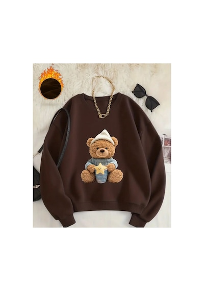 Herkesemoda Uykucu Ayı Baskı Detaylı Bisiklet Yaka Sweatshirt Kahverengi